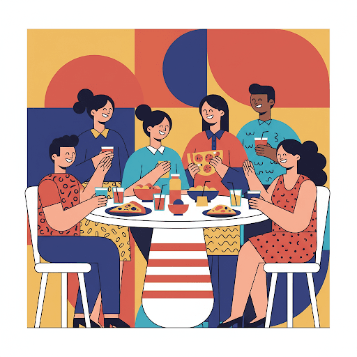 A group of friends sharing a colorful lunch together