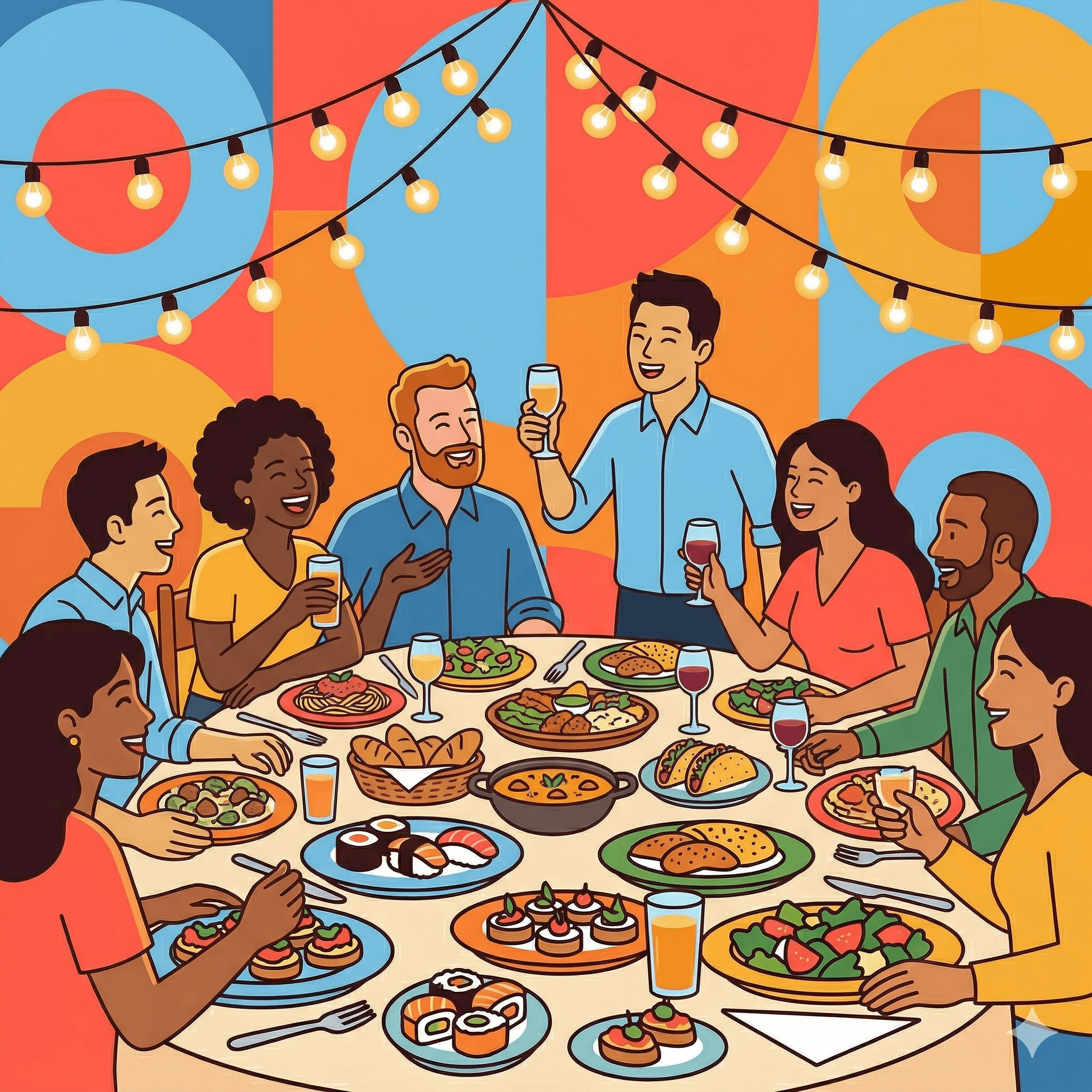 Illustration of friends laughing and sharing a meal together at a restaurant table