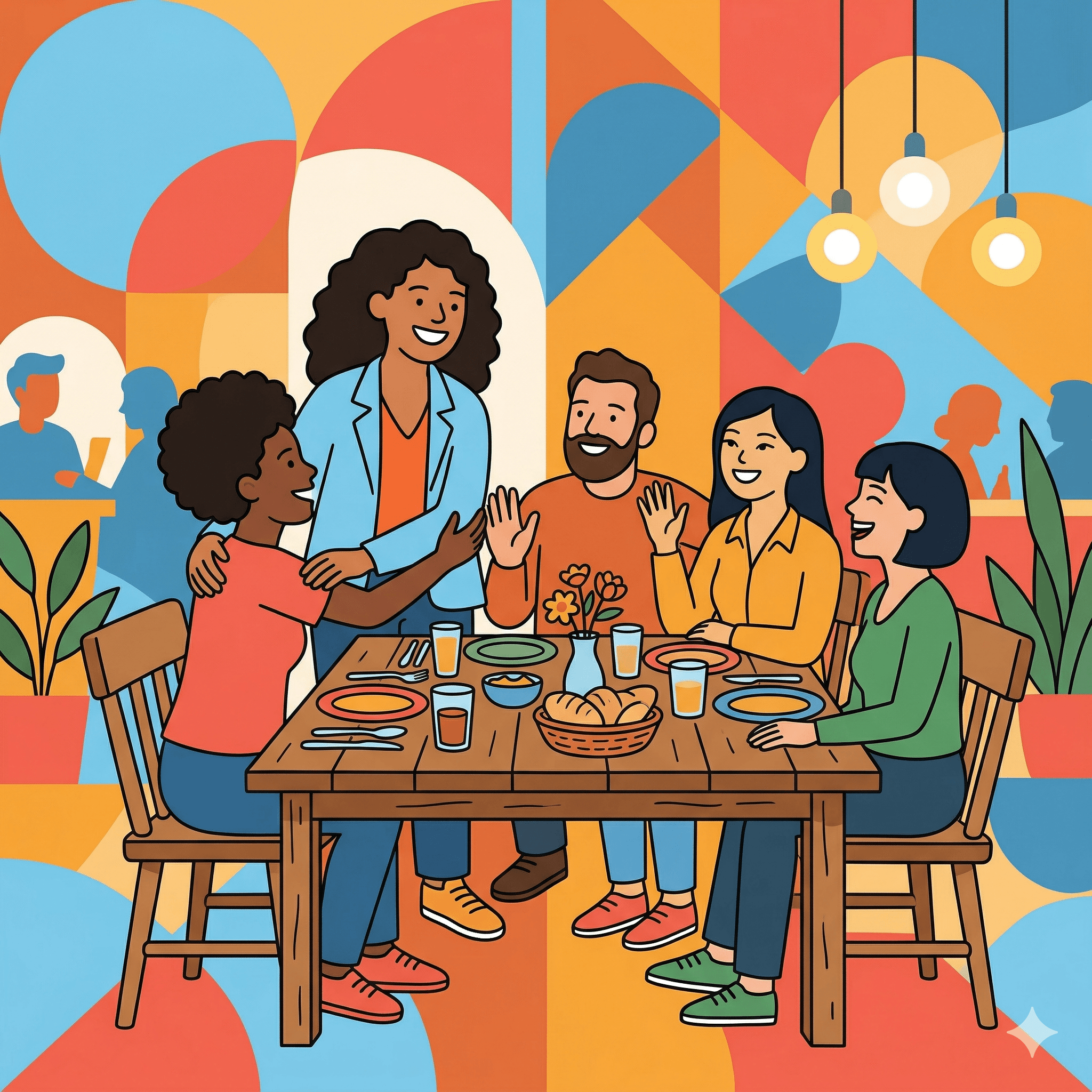 Illustration of a person being welcomed to a table by a group of friends at a restaurant